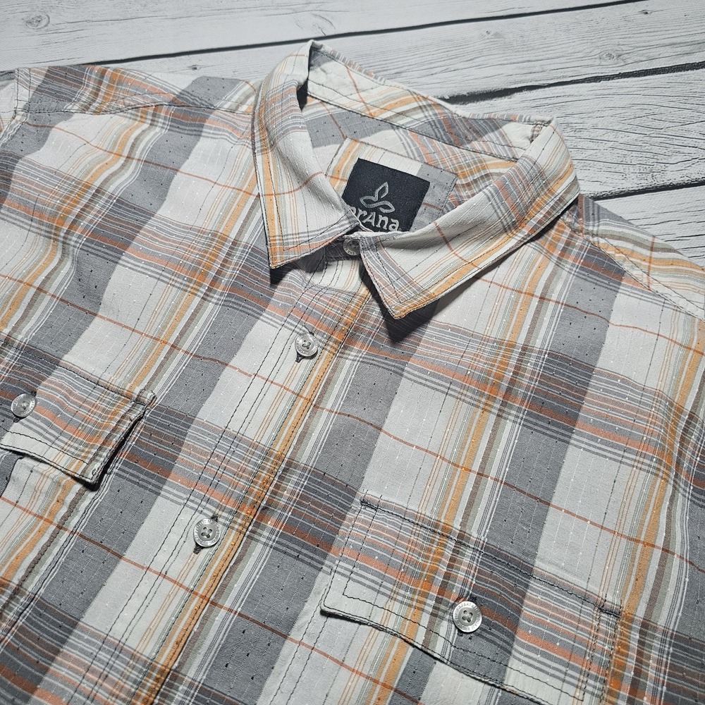 Prana Shirt Men's Large Plaid Ostend Regular‎ Fit Button Up Hiking Outdoor